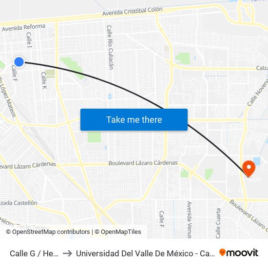 Calle G / Herreros to Universidad Del Valle De México - Campus Mexicali map