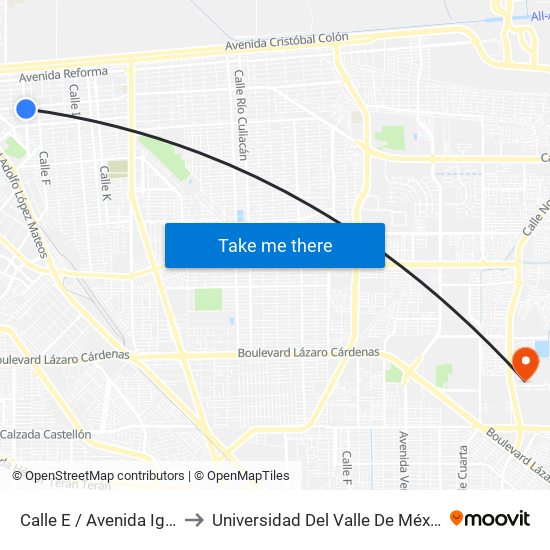 Calle E / Avenida Ignacio Zaragoza to Universidad Del Valle De México - Campus Mexicali map