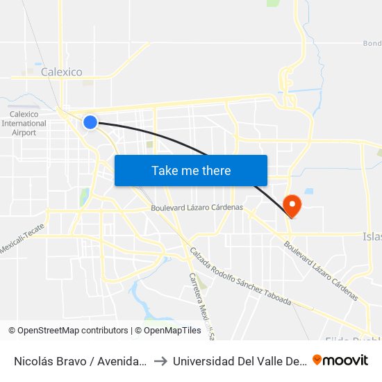 Nicolás Bravo / Avenida Sebastián Lerdo De Tejada to Universidad Del Valle De México - Campus Mexicali map