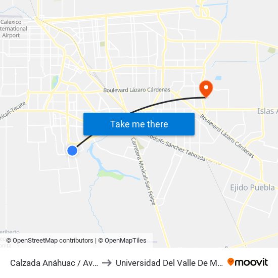 Calzada Anáhuac / Avenida Montecastelo to Universidad Del Valle De México - Campus Mexicali map