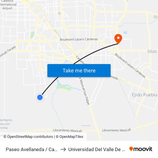 Paseo Avellaneda / Calzada De Los Monarcas to Universidad Del Valle De México - Campus Mexicali map