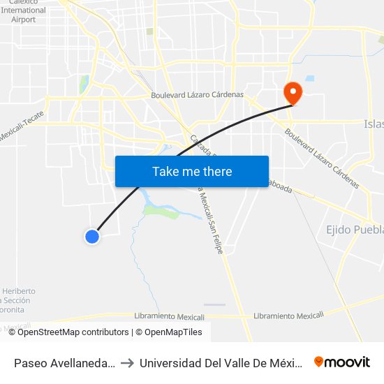 Paseo Avellaneda / Mirabueno to Universidad Del Valle De México - Campus Mexicali map