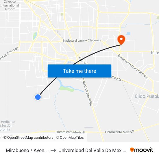 Mirabueno / Avenida Acassuso to Universidad Del Valle De México - Campus Mexicali map