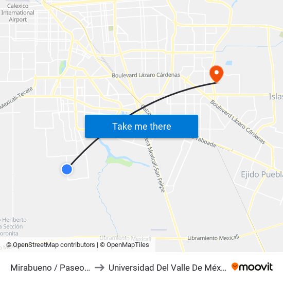 Mirabueno / Paseo Del Centenario to Universidad Del Valle De México - Campus Mexicali map