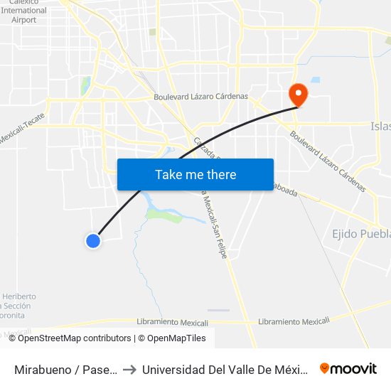 Mirabueno / Paseo Avellaneda to Universidad Del Valle De México - Campus Mexicali map