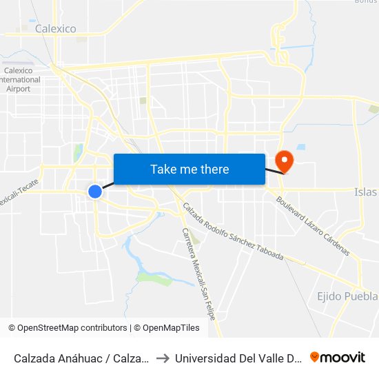 Calzada Anáhuac / Calzada Castellón O Islas Malvinas to Universidad Del Valle De México - Campus Mexicali map