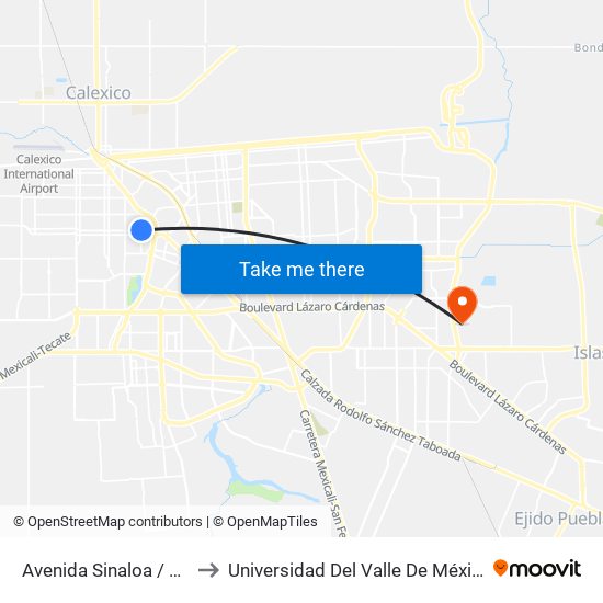 Avenida Sinaloa / Ciudad Victoria to Universidad Del Valle De México - Campus Mexicali map