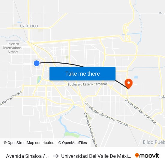 Avenida Sinaloa / Villa Hermosa to Universidad Del Valle De México - Campus Mexicali map