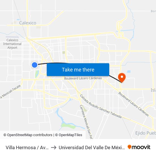 Villa Hermosa / Avenida Tlaxcala to Universidad Del Valle De México - Campus Mexicali map