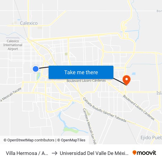 Villa Hermosa / Avenida Cosalá to Universidad Del Valle De México - Campus Mexicali map