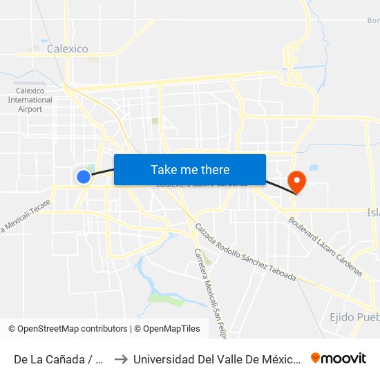 De La Cañada / De La Niebla to Universidad Del Valle De México - Campus Mexicali map