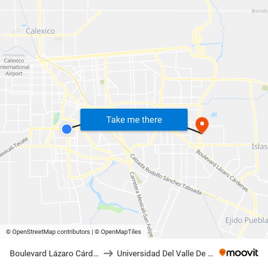 Boulevard Lázaro Cárdenas / Calzada Anáhuac to Universidad Del Valle De México - Campus Mexicali map