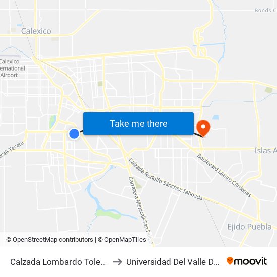 Calzada Lombardo Toledano / Avenida Crisantemos to Universidad Del Valle De México - Campus Mexicali map