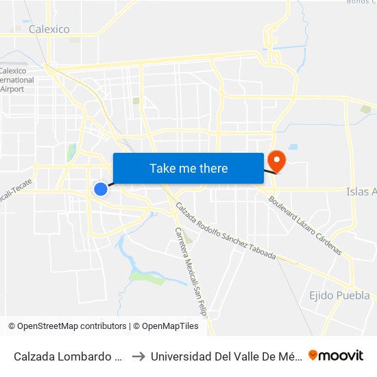 Calzada Lombardo Toledano / Toledo to Universidad Del Valle De México - Campus Mexicali map