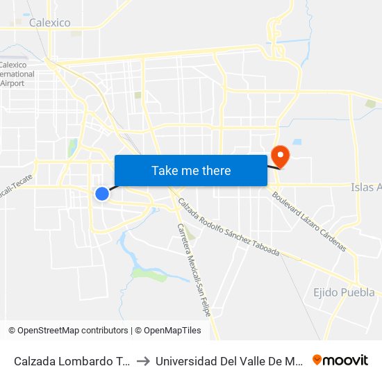 Calzada Lombardo Toledano / Aranjuez to Universidad Del Valle De México - Campus Mexicali map