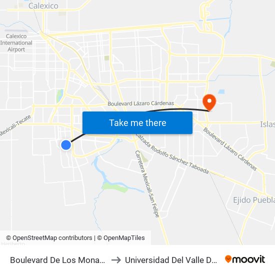 Boulevard De Los Monarcas / Laguna San Cristóbal to Universidad Del Valle De México - Campus Mexicali map