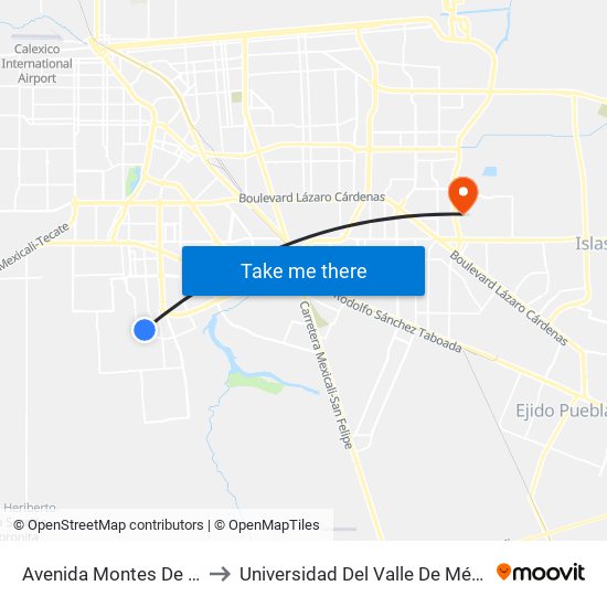 Avenida Montes De Toledo / Carreña to Universidad Del Valle De México - Campus Mexicali map
