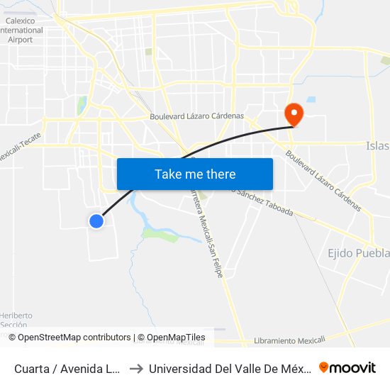 Cuarta / Avenida Lago Montebello to Universidad Del Valle De México - Campus Mexicali map