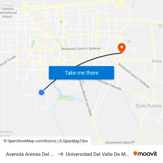 Avenida Arenas Del Rey / Lago Cuitzeo to Universidad Del Valle De México - Campus Mexicali map