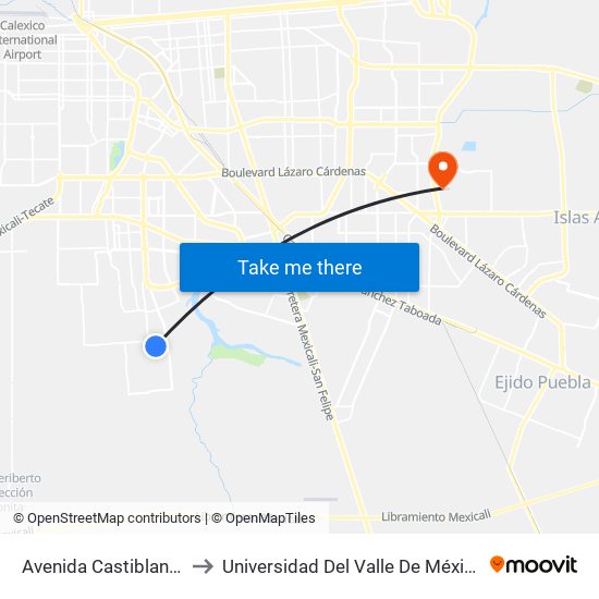 Avenida Castiblanco / Siqueiros to Universidad Del Valle De México - Campus Mexicali map