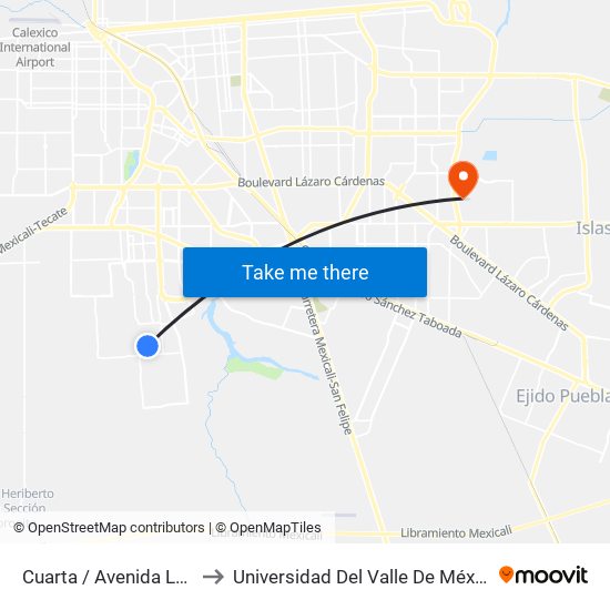 Cuarta / Avenida Lago Xochimilco to Universidad Del Valle De México - Campus Mexicali map