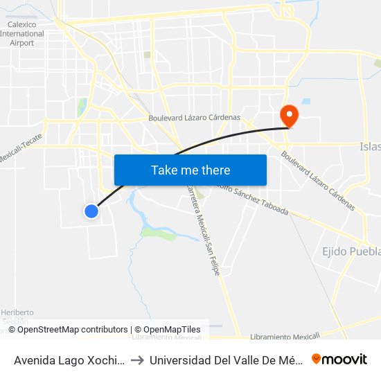 Avenida Lago Xochimilco / Segunda to Universidad Del Valle De México - Campus Mexicali map