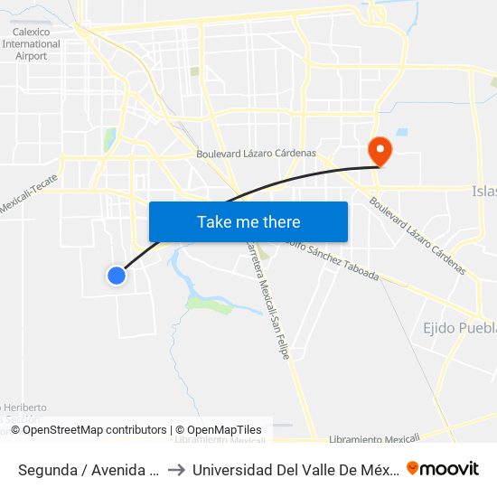 Segunda / Avenida Lago Pátzcuaro to Universidad Del Valle De México - Campus Mexicali map