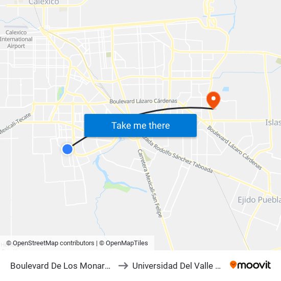 Boulevard De Los Monarcas / Avenida De Las Heráldicas to Universidad Del Valle De México - Campus Mexicali map