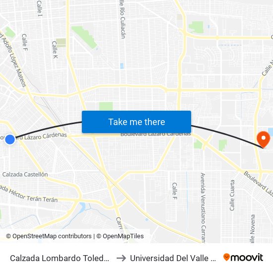 Calzada Lombardo Toledano / Boulevard Lázaro Cárdenas to Universidad Del Valle De México - Campus Mexicali map