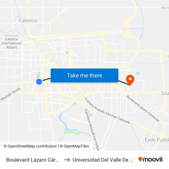 Boulevard Lázaro Cárdenas / Lago Bagueolo to Universidad Del Valle De México - Campus Mexicali map