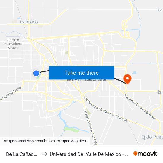 De La Cañada / Cima to Universidad Del Valle De México - Campus Mexicali map