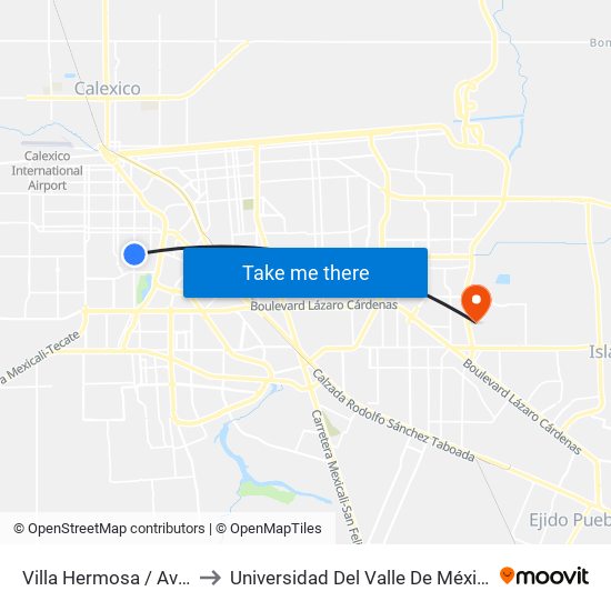 Villa Hermosa / Avenida Tlaxcala to Universidad Del Valle De México - Campus Mexicali map