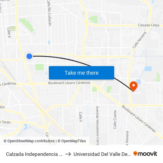 Calzada Independencia / María Rodríguez Del Toro to Universidad Del Valle De México - Campus Mexicali map