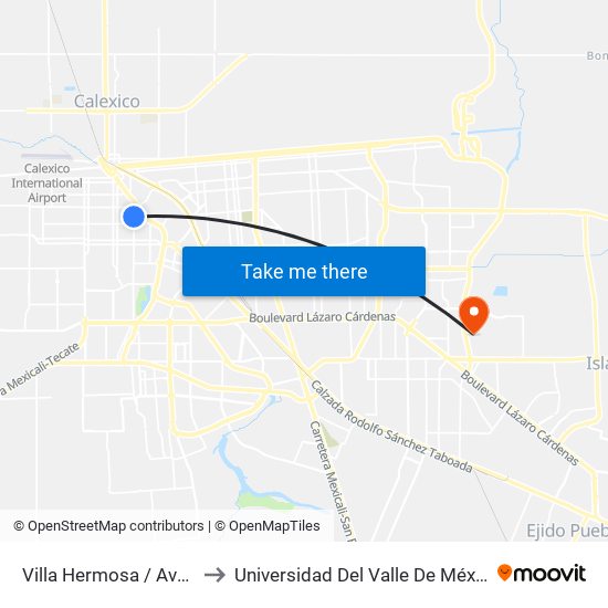 Villa Hermosa / Avenida Querétaro to Universidad Del Valle De México - Campus Mexicali map