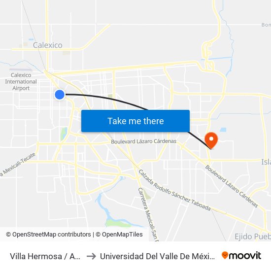 Villa Hermosa / Avenida Puebla to Universidad Del Valle De México - Campus Mexicali map