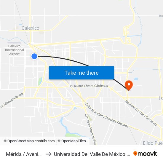 Mérida / Avenida Oaxaca to Universidad Del Valle De México - Campus Mexicali map