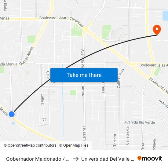 Gobernador Maldonado / Calzada Rodolfo Sánchez Taboada to Universidad Del Valle De México - Campus Mexicali map