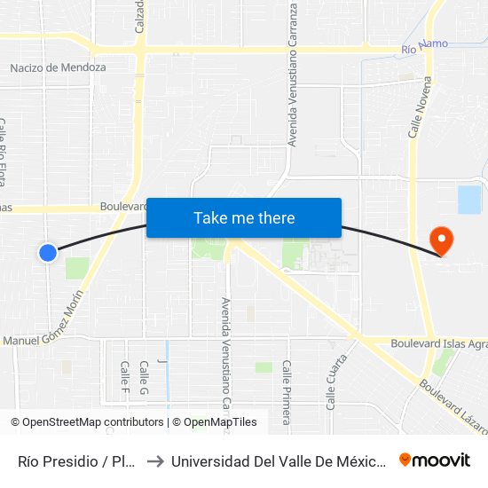 Río Presidio / Plan De Iguala to Universidad Del Valle De México - Campus Mexicali map