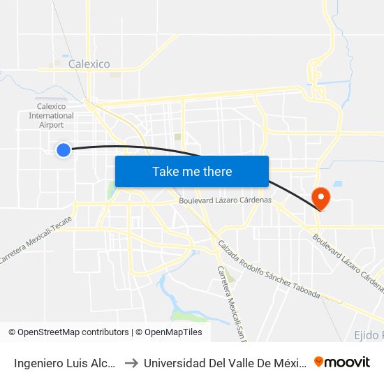 Ingeniero Luis Alcérrega / Rocha to Universidad Del Valle De México - Campus Mexicali map