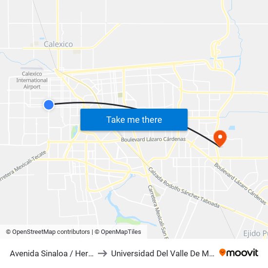 Avenida Sinaloa / Heróico Colegio Militar to Universidad Del Valle De México - Campus Mexicali map