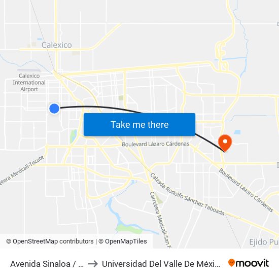 Avenida Sinaloa / Chilpancingo to Universidad Del Valle De México - Campus Mexicali map