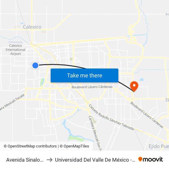 Avenida Sinaloa / Uxmal to Universidad Del Valle De México - Campus Mexicali map