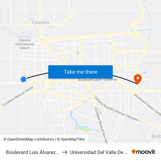 Boulevard Luis Álvarez / Avenida Arqueólogos to Universidad Del Valle De México - Campus Mexicali map