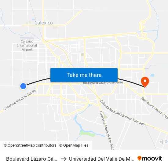 Boulevard Lázaro Cárdenas / Río Paraná to Universidad Del Valle De México - Campus Mexicali map