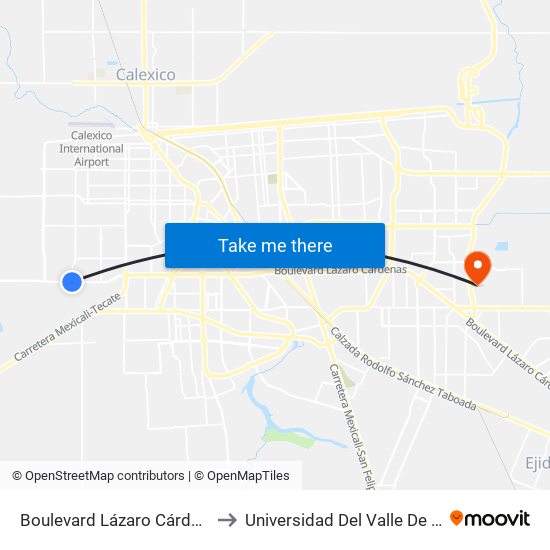 Boulevard Lázaro Cárdenas / Avenida Yugoslavia to Universidad Del Valle De México - Campus Mexicali map