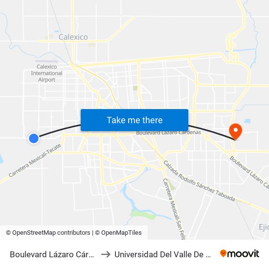 Boulevard Lázaro Cárdenas / Río Amazonas to Universidad Del Valle De México - Campus Mexicali map