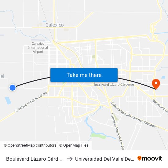 Boulevard Lázaro Cárdenas / Paseo Viñas Del Sol to Universidad Del Valle De México - Campus Mexicali map