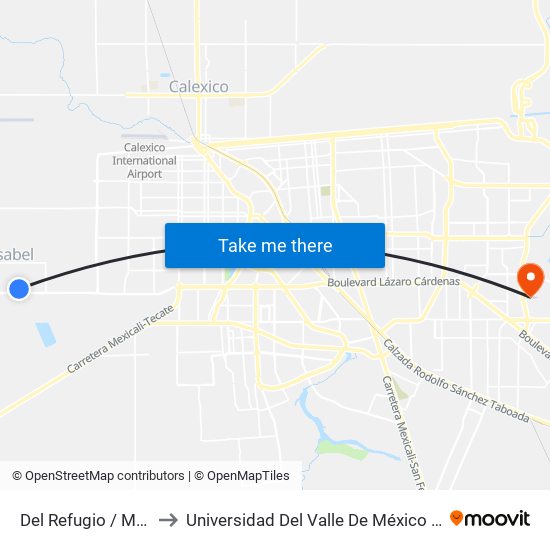 Del Refugio / Monte Xanic to Universidad Del Valle De México - Campus Mexicali map