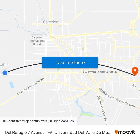 Del Refugio / Avenida San Cristóbal to Universidad Del Valle De México - Campus Mexicali map