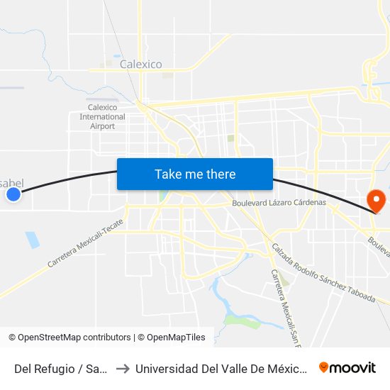 Del Refugio / Santa Dolores to Universidad Del Valle De México - Campus Mexicali map